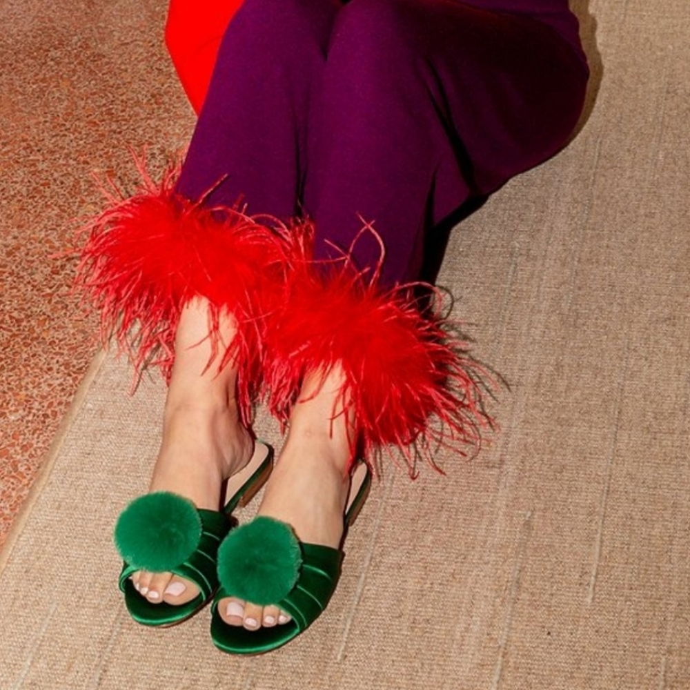 Antonio Melani The Nat Note Dress Slides 8 Green Satin Olga Pom Pom New $170